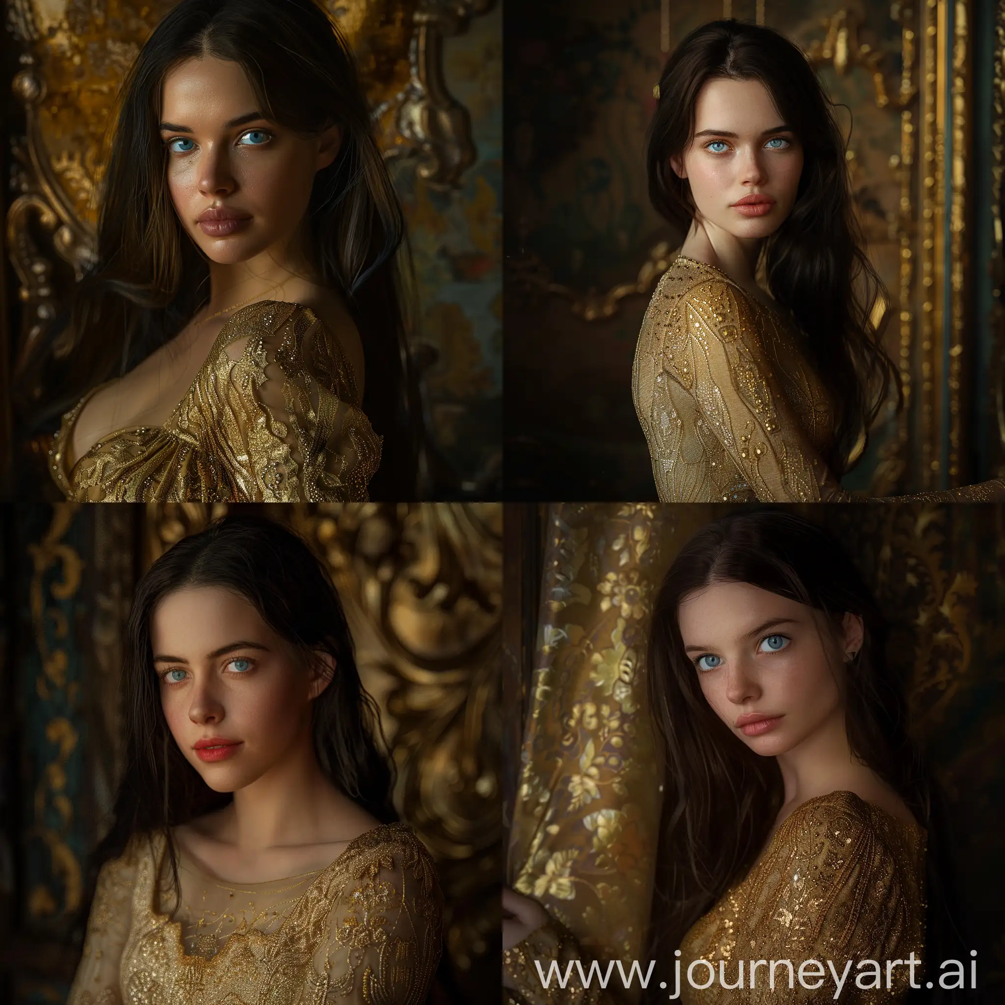  A portrait of a young woman in a gold dress, with long dark hair and blue eyes, looking at the camera with a serious expression, [ornate, intricate, highly detailed, elegant], [painting, in the style of Gustav Klimt], [cinematic lighting, soft focus, shallow depth of field, warm colors, golden hour, backlit], [85mm lens, f/2.8 aperture, ISO 100, 1/125 shutter speed], [smooth skin texture, detailed fabric texture], [ornate gold background, dark background], [ray tracing, global illumination, ambient occlusion, depth of field]
