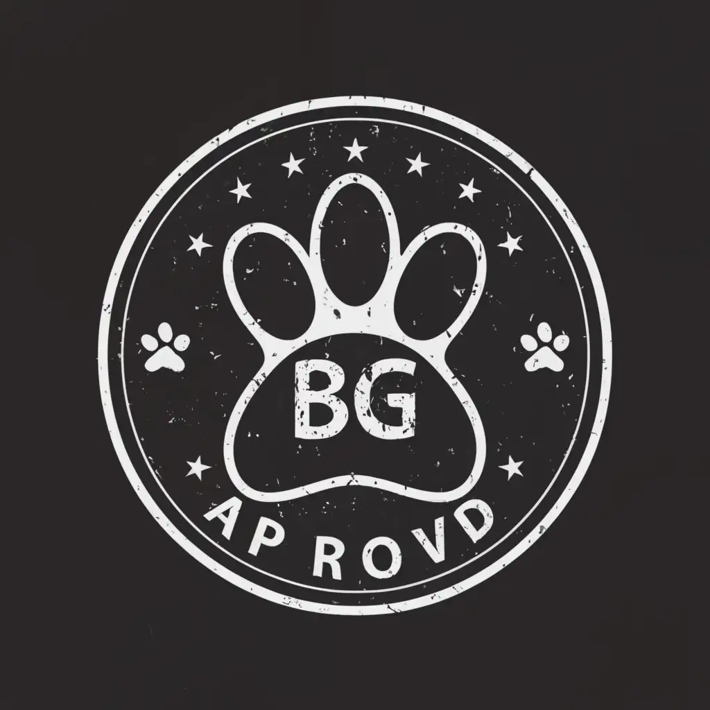 a logo design,with the text Bg Approved, main symbol:White pawprint with black background and Bg Approvedd in a stamp font,Moderate,clear background