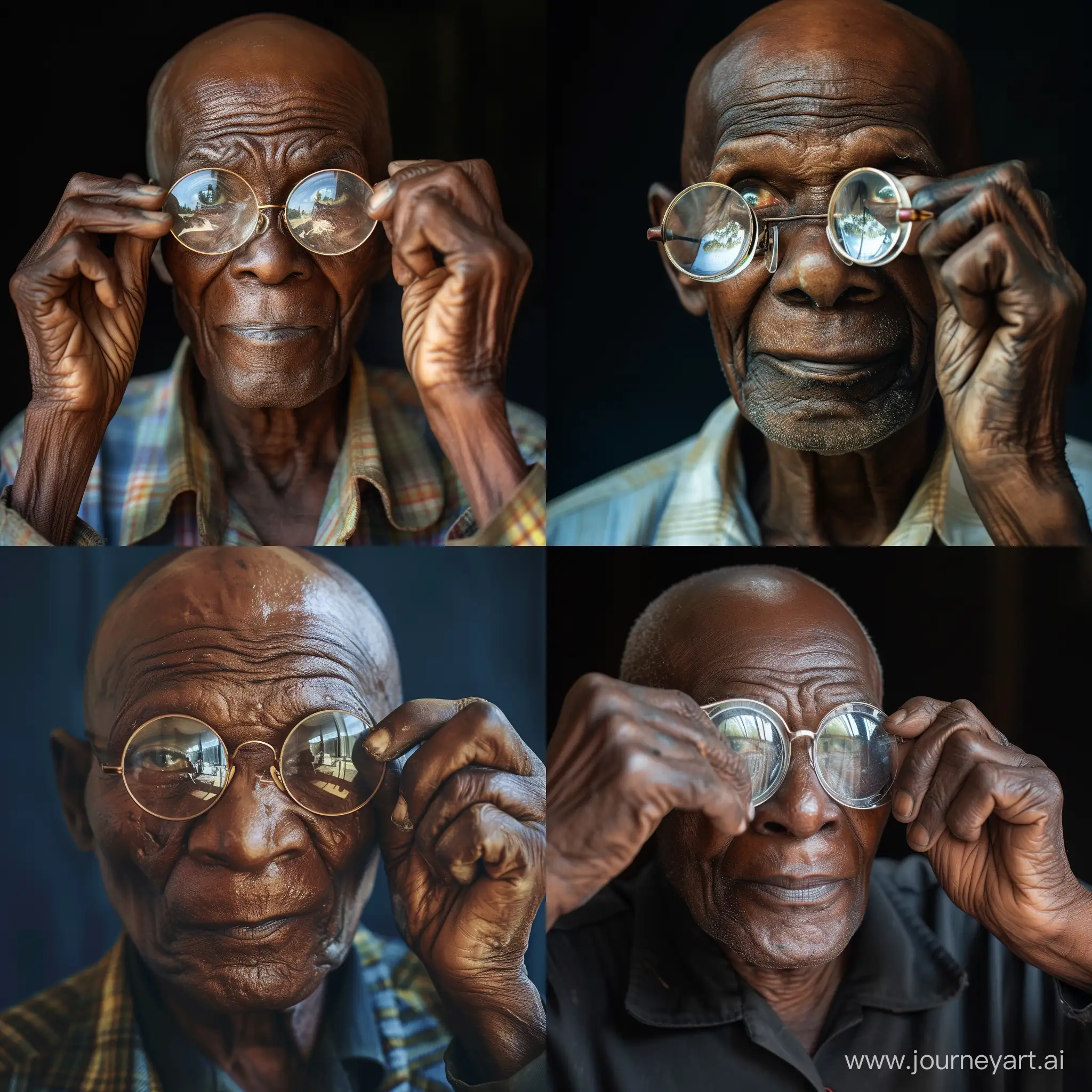 Old bald African man adjusting his old clear and reflective round reading glasses.