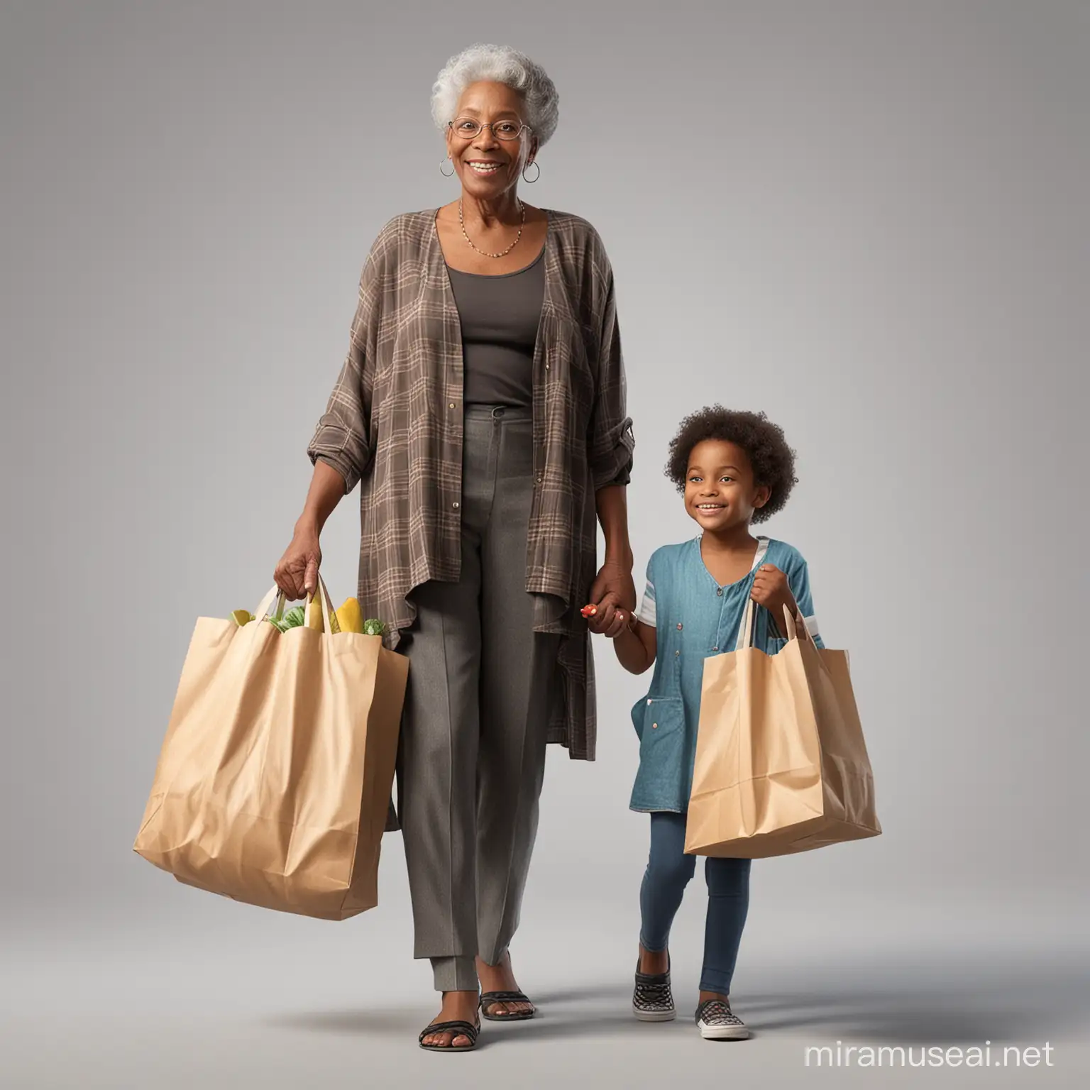 vista de corpo inteiro , mulher negra idosa semi-realistas , vestindo roupas do século 21 , feliz olhando para a esquerda , carregando um sacola de supermercada, acompanhada com sua neta ,