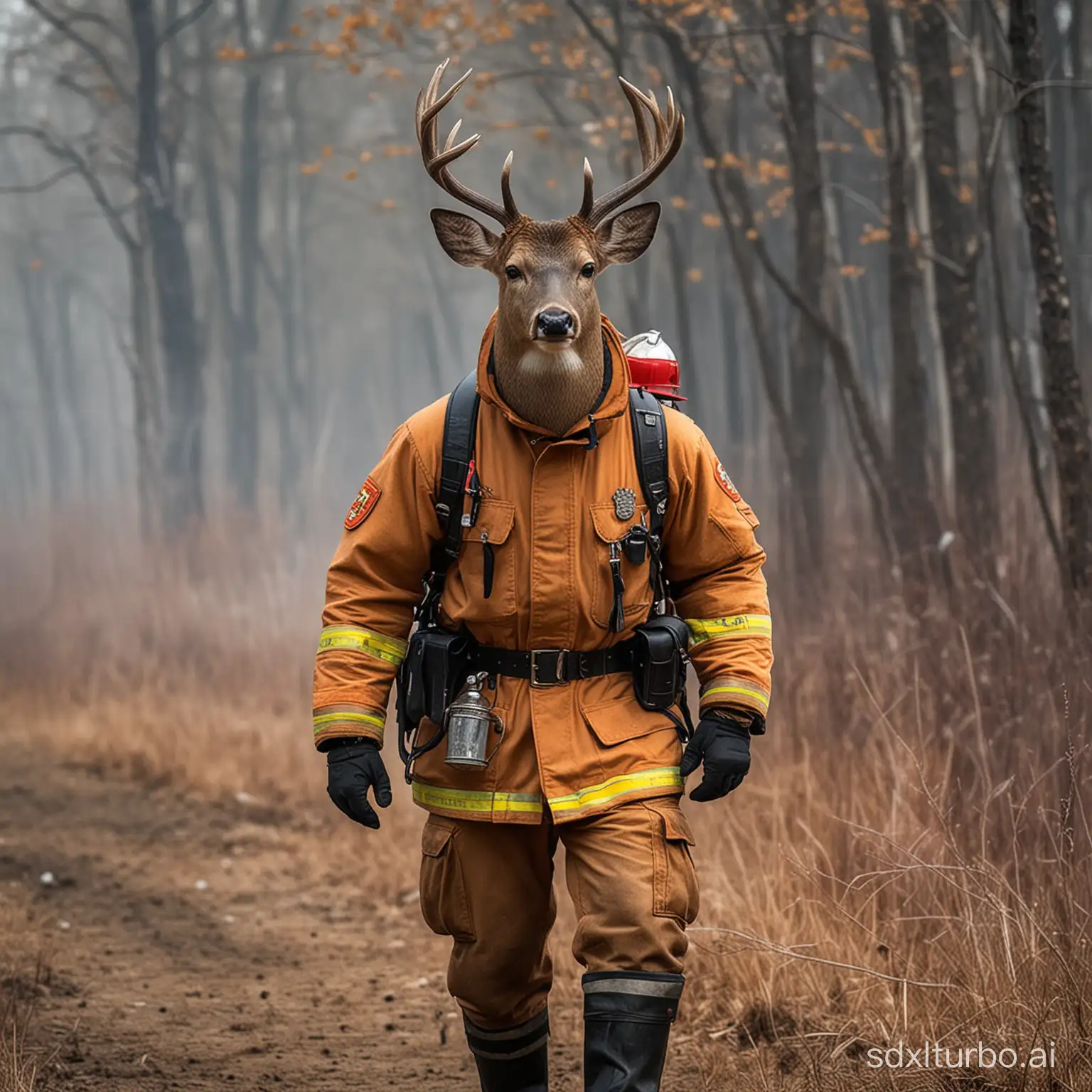 A deer in the form of a firefighter
