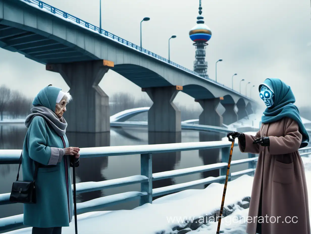 Russia, winter, grandmother in a headscarf with a cyber eye, grandmother stands at the bridge, grandmother asks for money, she has a cane in her hands, robots pass by, depression, futurism, the future, cyberpunk