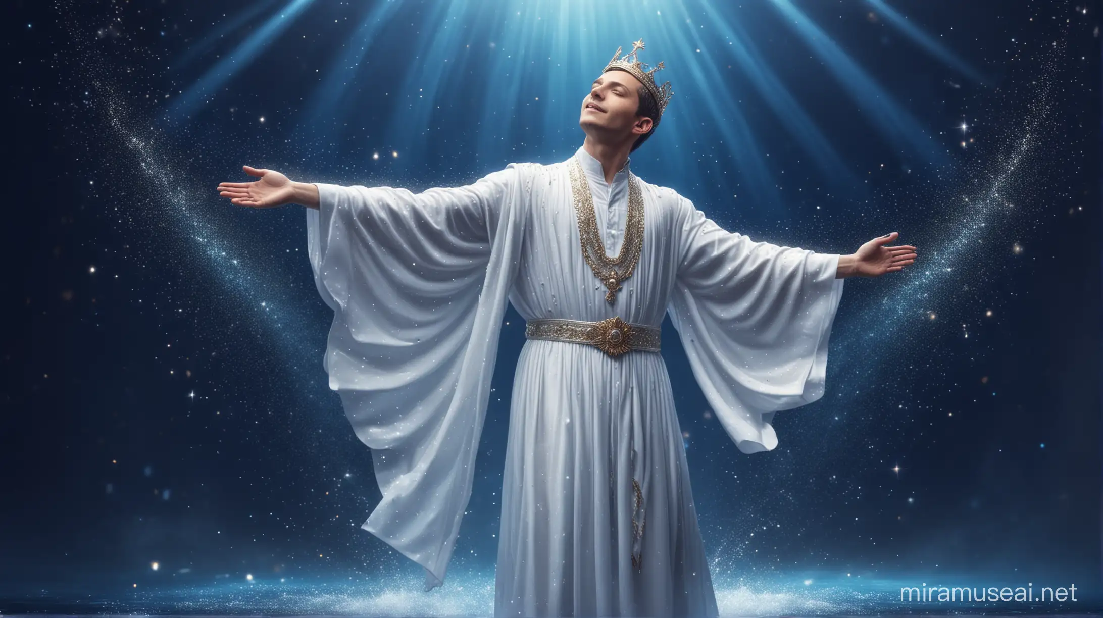 Realistic image: Royal blue background. Rays of light. Multidimensional water. Waterfall. Stardust and glitter in the air. Praise dancing young man in white with white robe and crown on his head. Pigeon.
