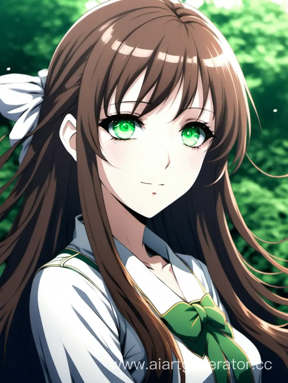 Portrait of an anime girl with long brown hair and green eyes
