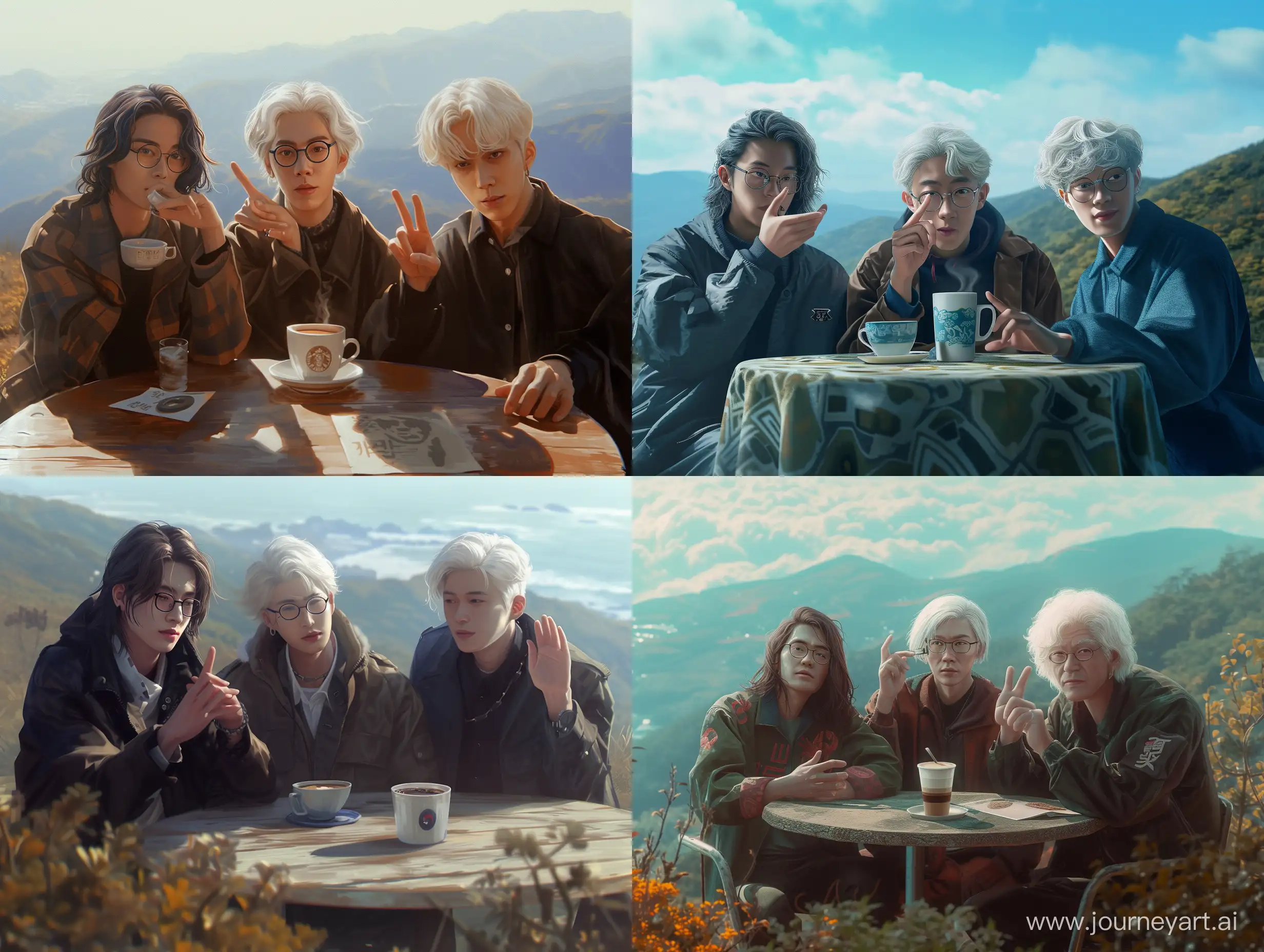 realism in 8k hd resolution, potrait of Three young korean men with cup of coffee sit at a cozy cafe table on a cool hilltop, each with their own unique style. One has long hair and glasses, another is middle-aged with white short hair and a larger build, and the third resembles a young Anies Baswedan, a potential future president. The scene is full of life and potential, with the men's individual personalities shining through. their finger give signal one sign, hyper detailed and realistic, cinematic with soft focus