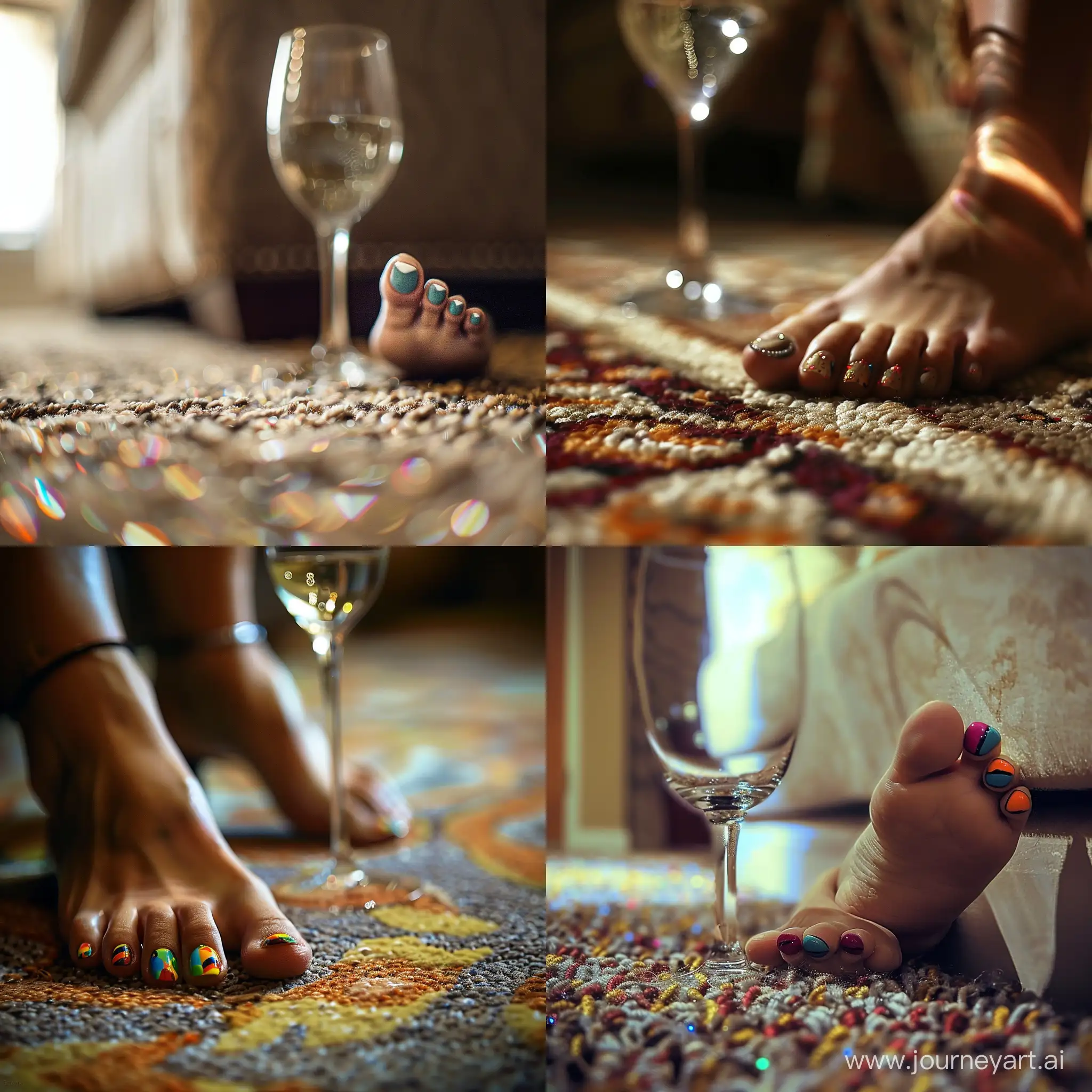 painted toenails, one holding a wine glass, the other leaning against a carpeted floor, the Bokeh effect 