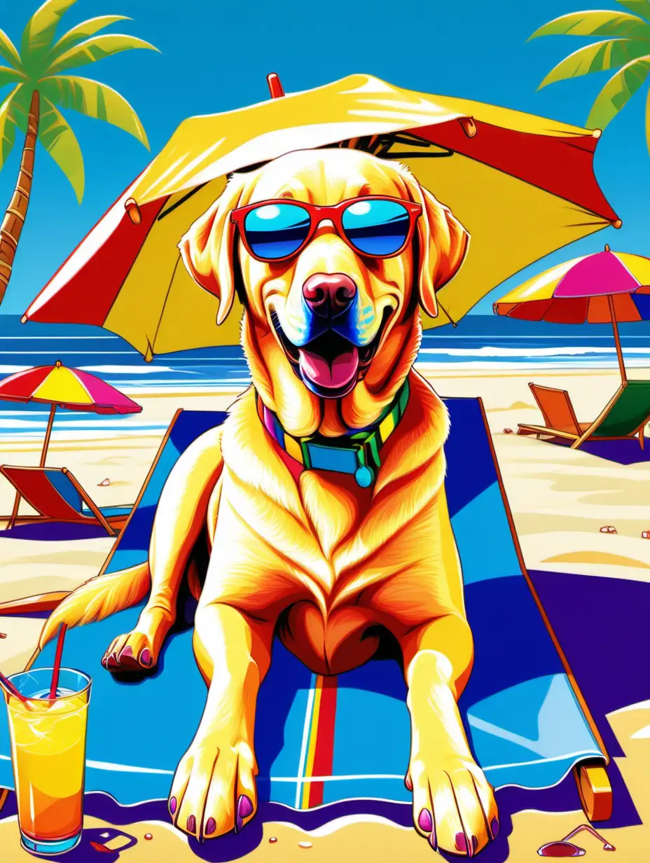 a cartoon yellow labrador retriever with sunglasses and flip flops on, laying at the beach with beach umbrellas and tropical drinks, vibrant color, in the style of Peter Max