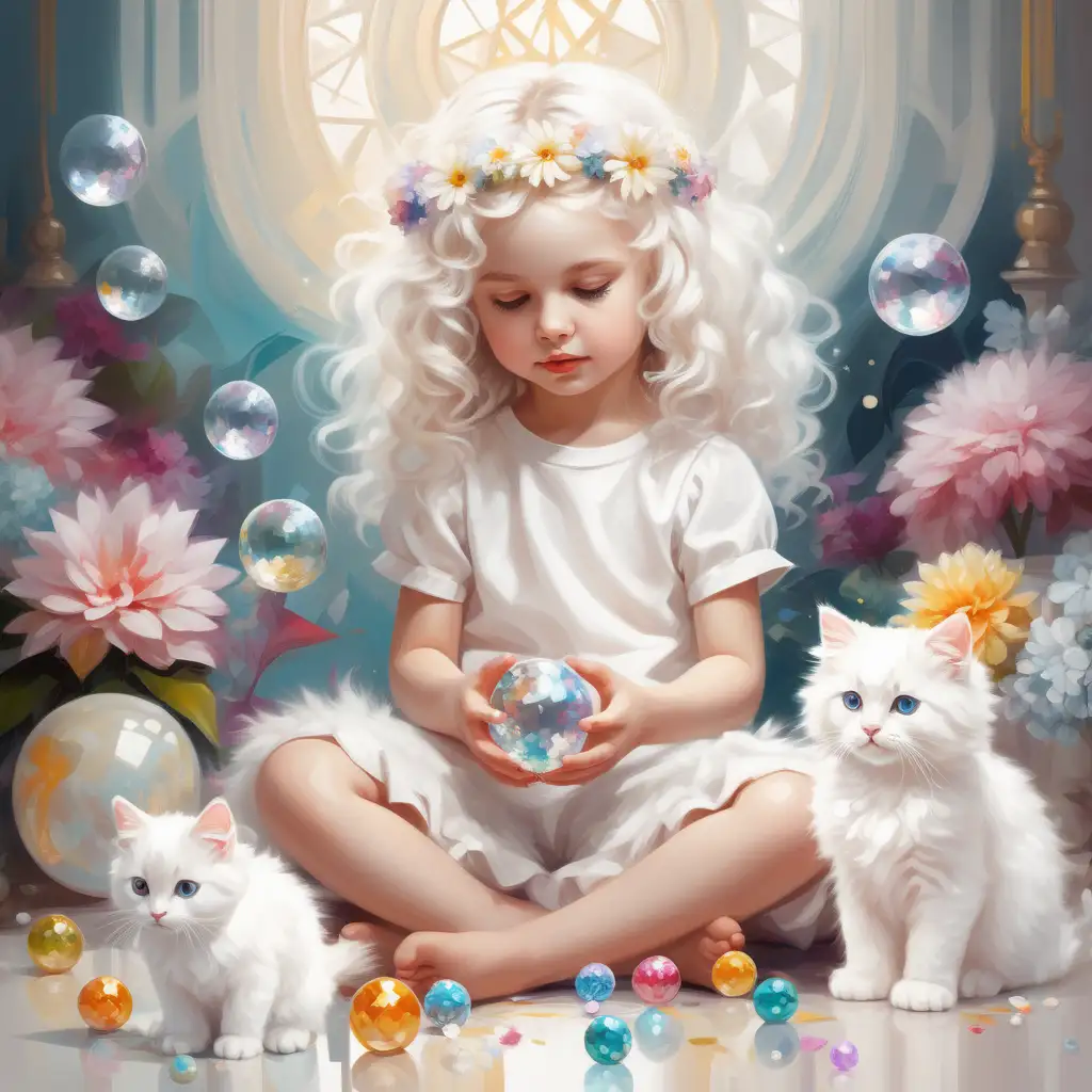 Whimsical Play Little Girl Crystal Balls and Fluffy White Cat