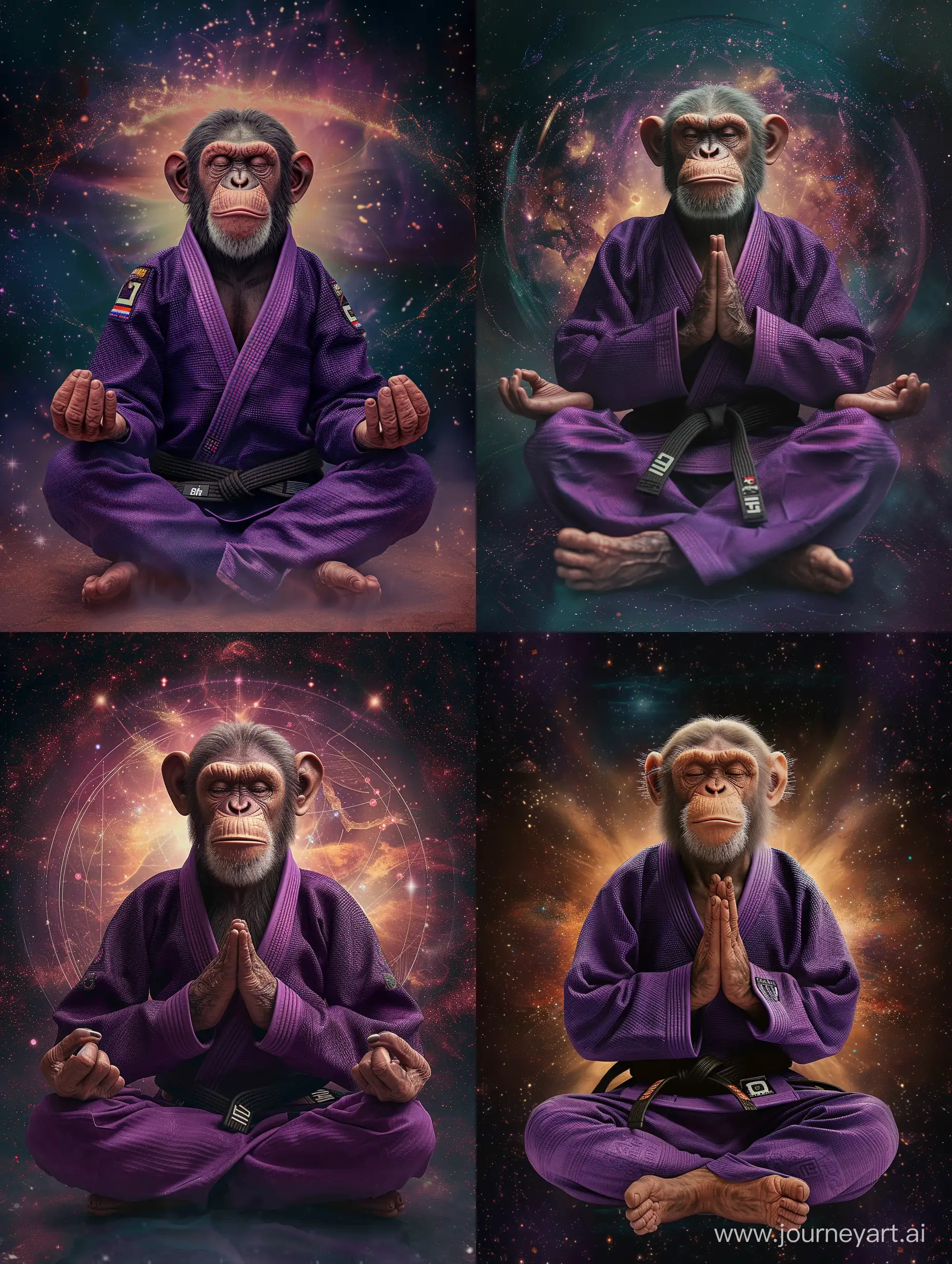 Meditating-Monkey-in-Purple-Brazilian-Jiu-Jitsu-Gi-with-Cosmic-Symmetry