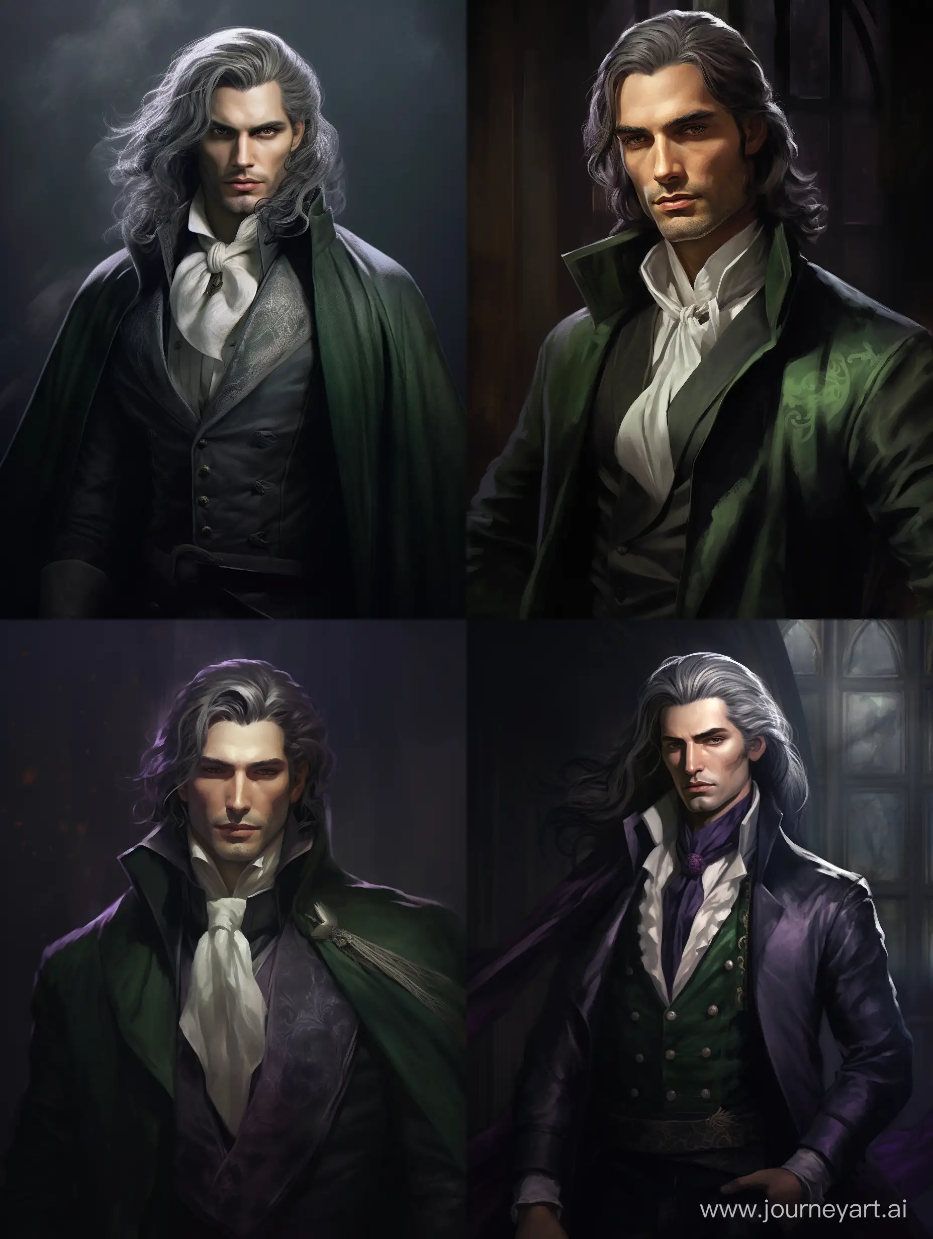 a tall interesting man mage with a minimal light renaissance dress, dark long hair and green and grey persuasive eyes,fully shaved face, purple scarf,silver fox