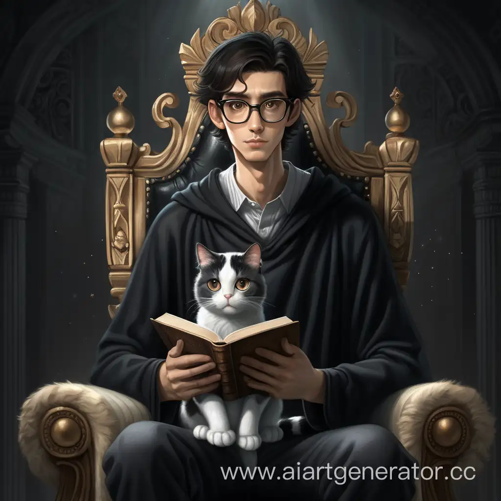  высокий стройный парень, темные волосы до подбородка, очки, темные большие глаза, сидит на троне, держит в руке книгу, в воздухе летает кошка, темный фон