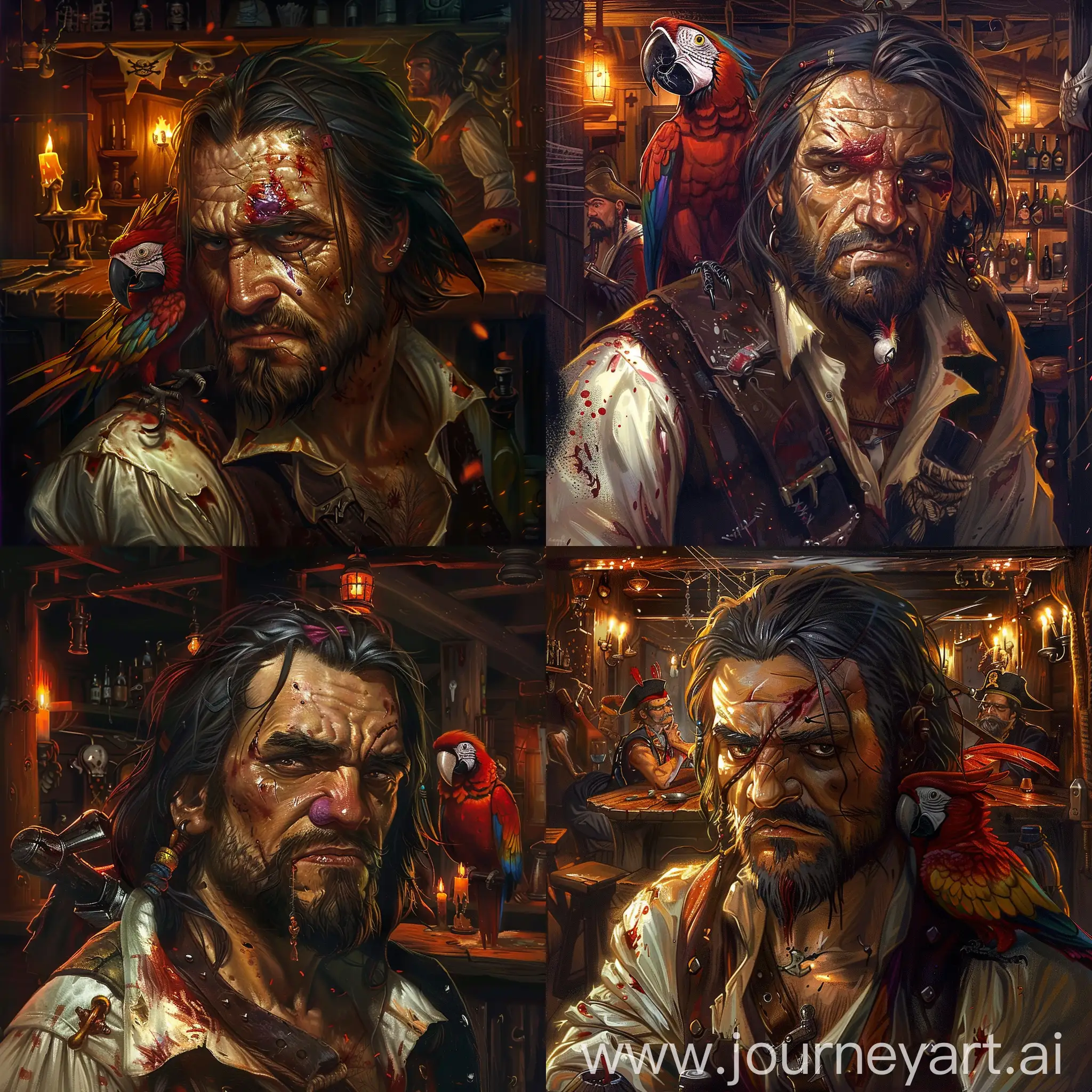 Intriguing-Dark-Fantasy-Pirate-with-Bruised-Forehead-and-Parrot-in-Tavern