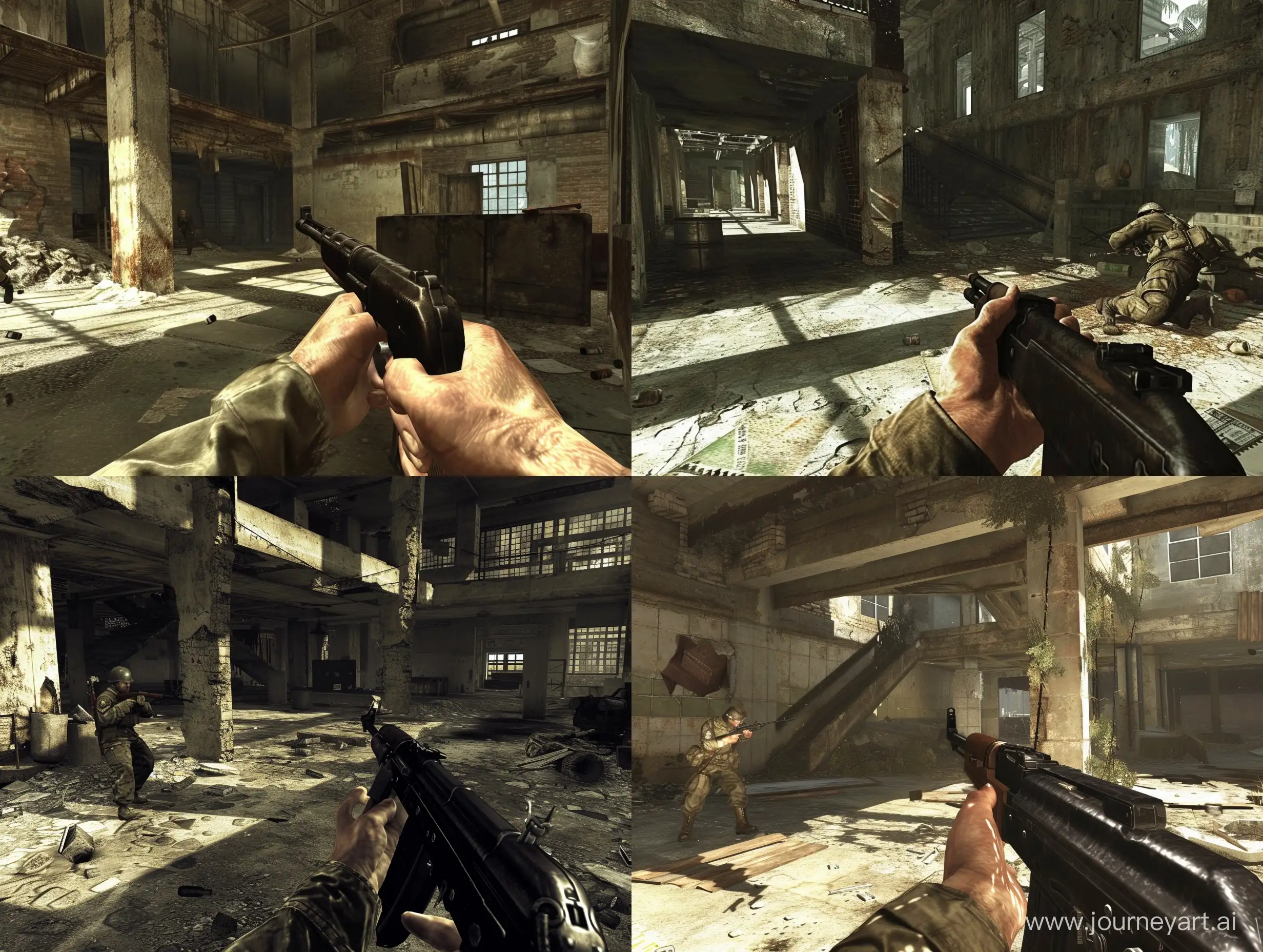 A screenshot from the 2008 game "Call of Duty: World at War" featuring first person gameplay of a soldier holding a Thompson in an abandoned building.
