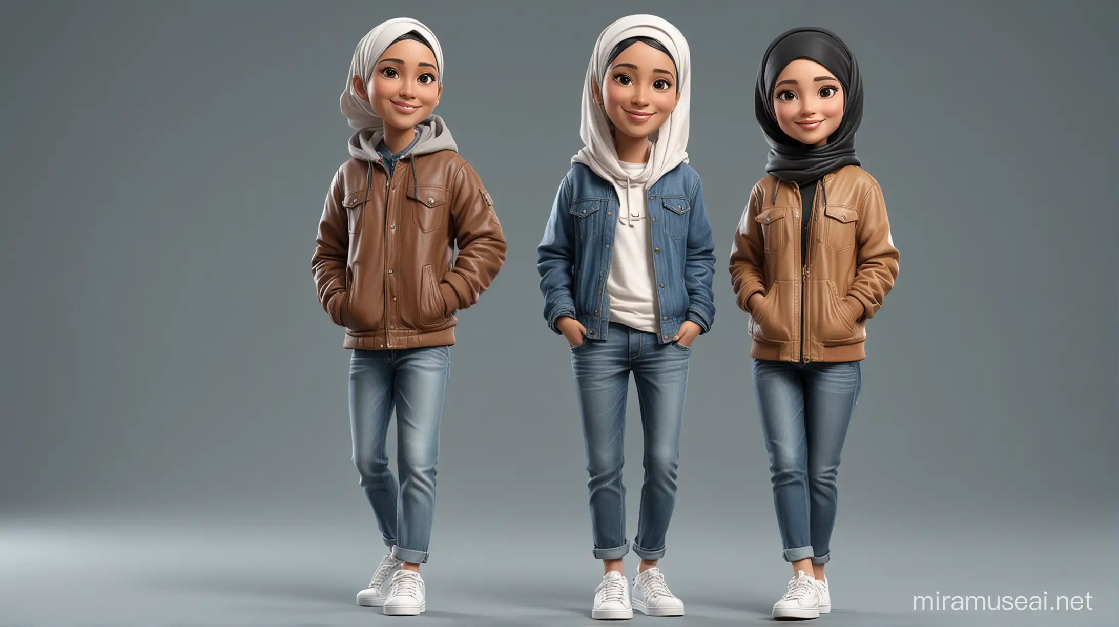 Photo realistic caricature 3d cartoon render, of a couple. one beautiful Indonesian Muslim girl, slightly chubby, Wear hijab with a parka jacket and denim jeans complete with white sneakers and one Muslim man, wear denim jacket, and leather shoes.