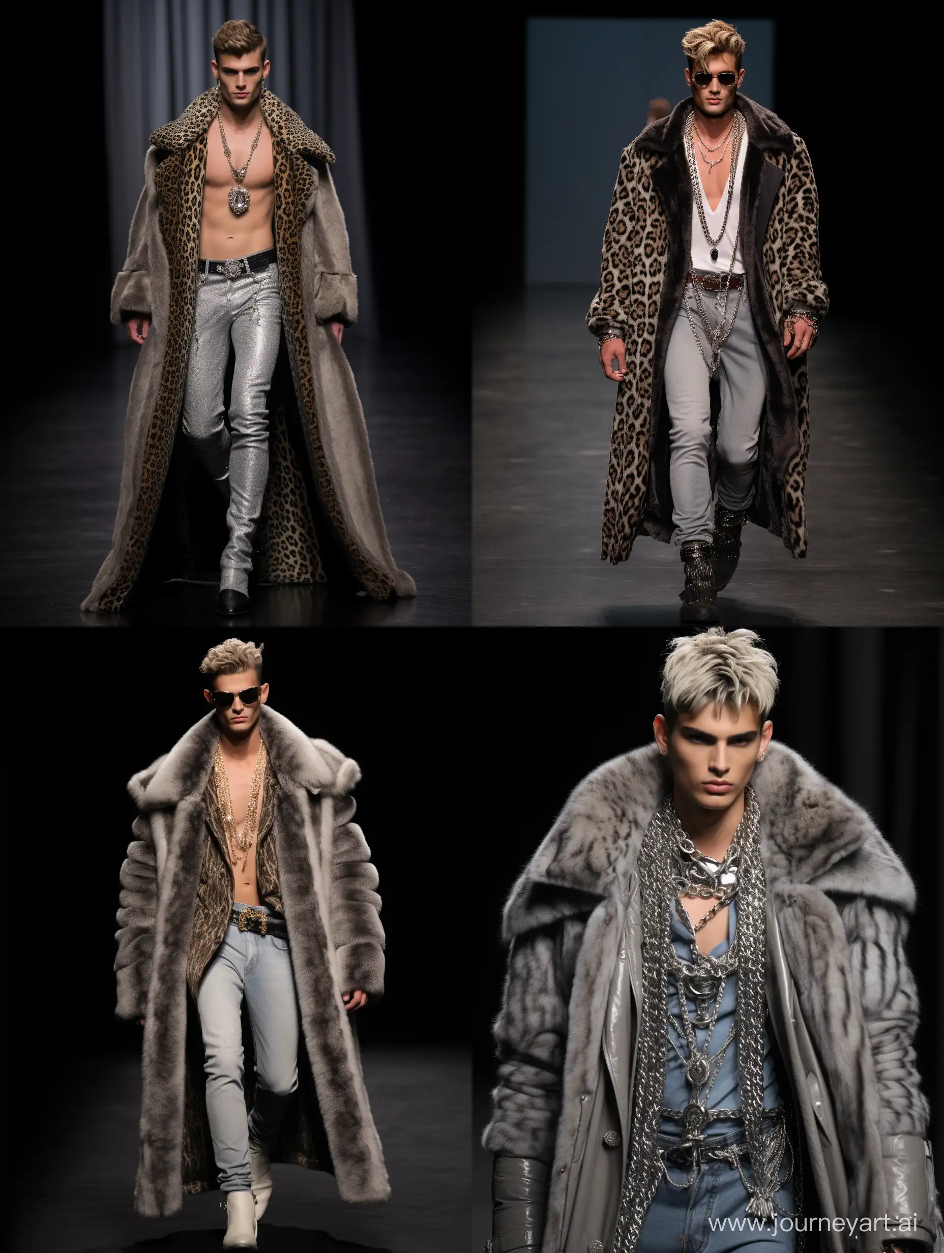Male model handsome slim runway jeans coats vison mink jewerly 