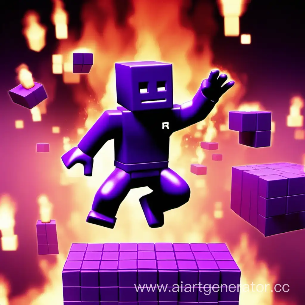 Roblox man that is jumping on blocks in purple fire
