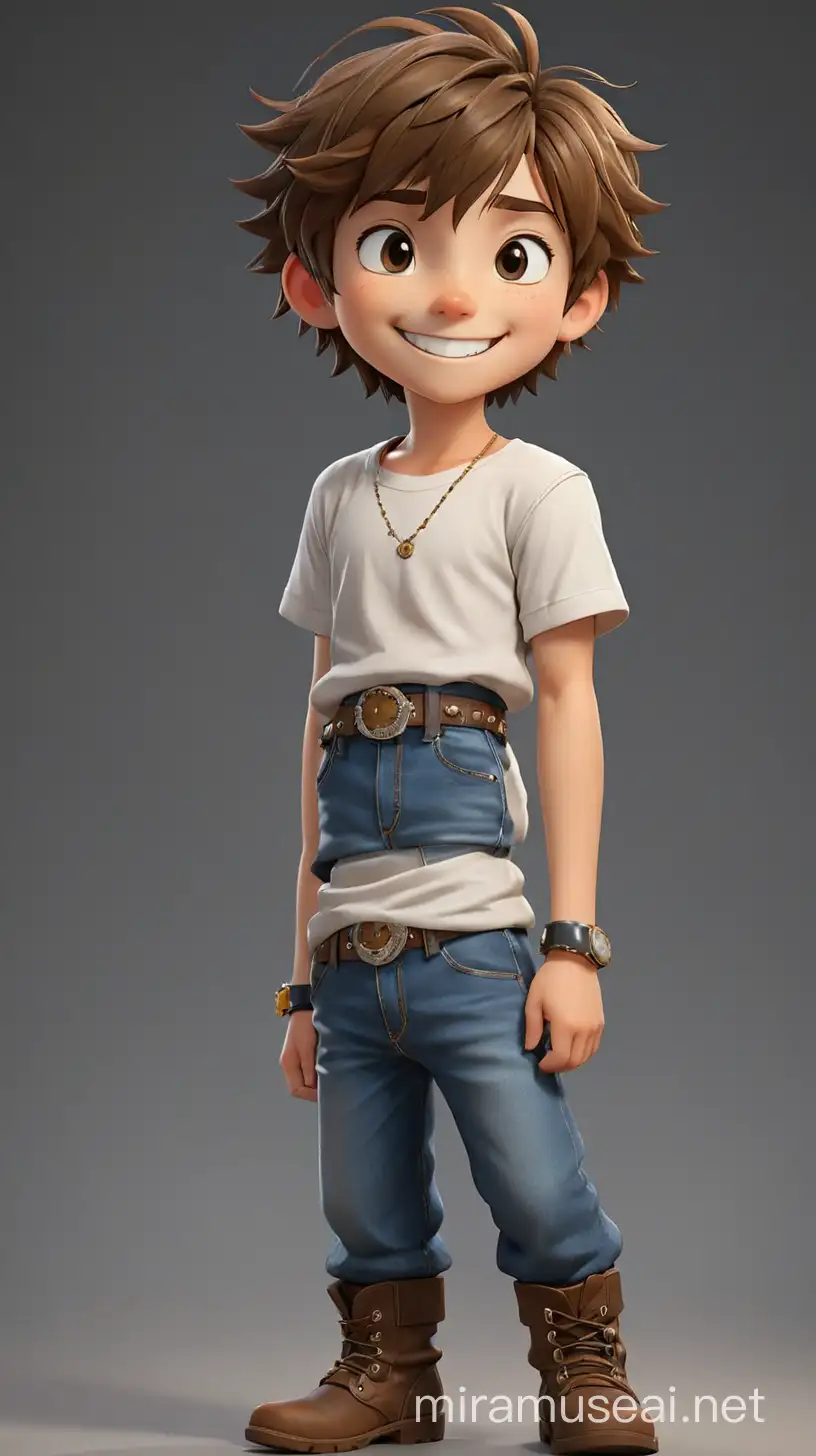 Full body, the boy from harvest moon, big smile, closed eyes, young and cute, brown hair, white T-shirt, studded belt, blue pants, brown boots, in the pure black background like in 3d rendering space, c4D quality.