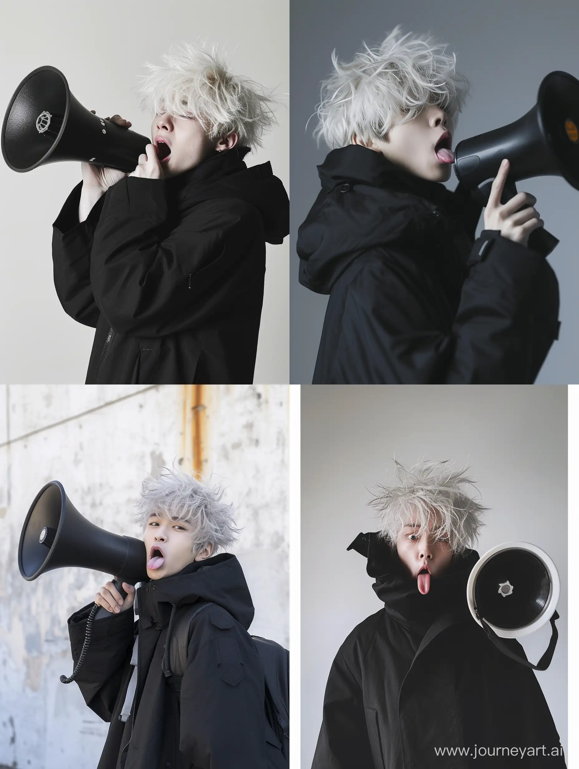 Made a super high angle photo of a young guy like korean idol with white messy hair, the body is clearly. The right hand is holding a small megaphone. Ultra hd. The costume is black parka, high collar. Sticking his tongue out