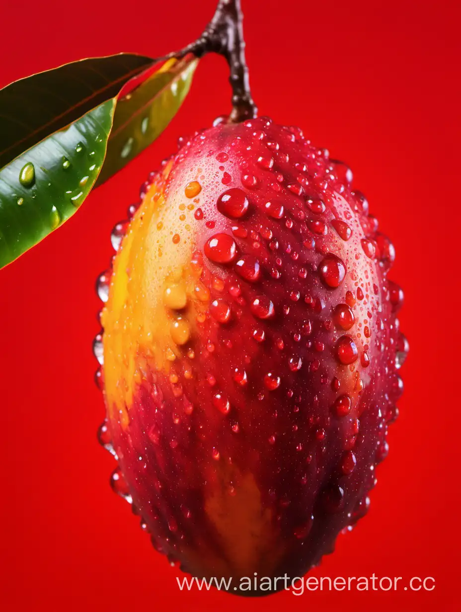 Vibrant-African-Mango-with-Refreshing-Water-Droplets-on-Bold-Red-Background