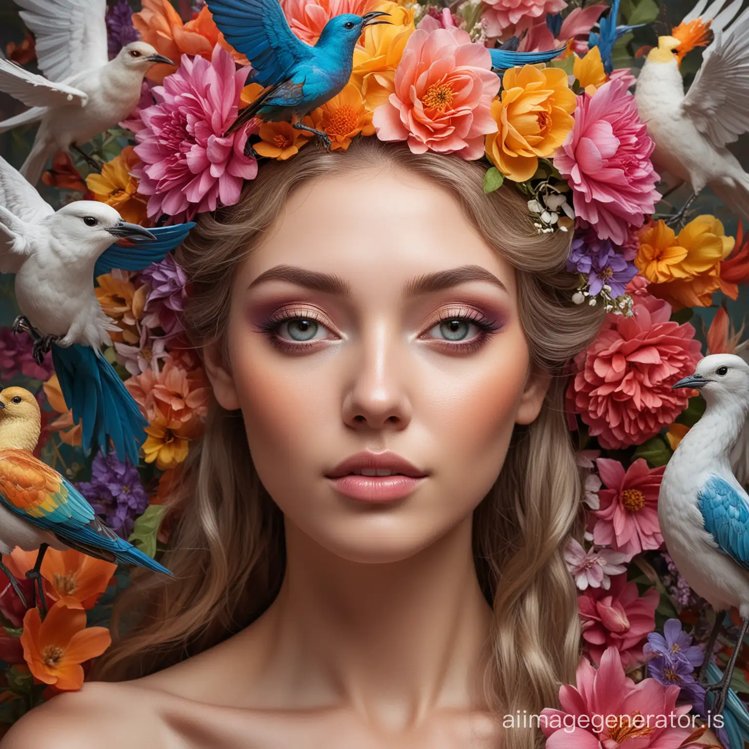 Radiant-Flower-Nymph-Surrounded-by-Colorful-Birds-Ethereal-Goddess-Portrait
