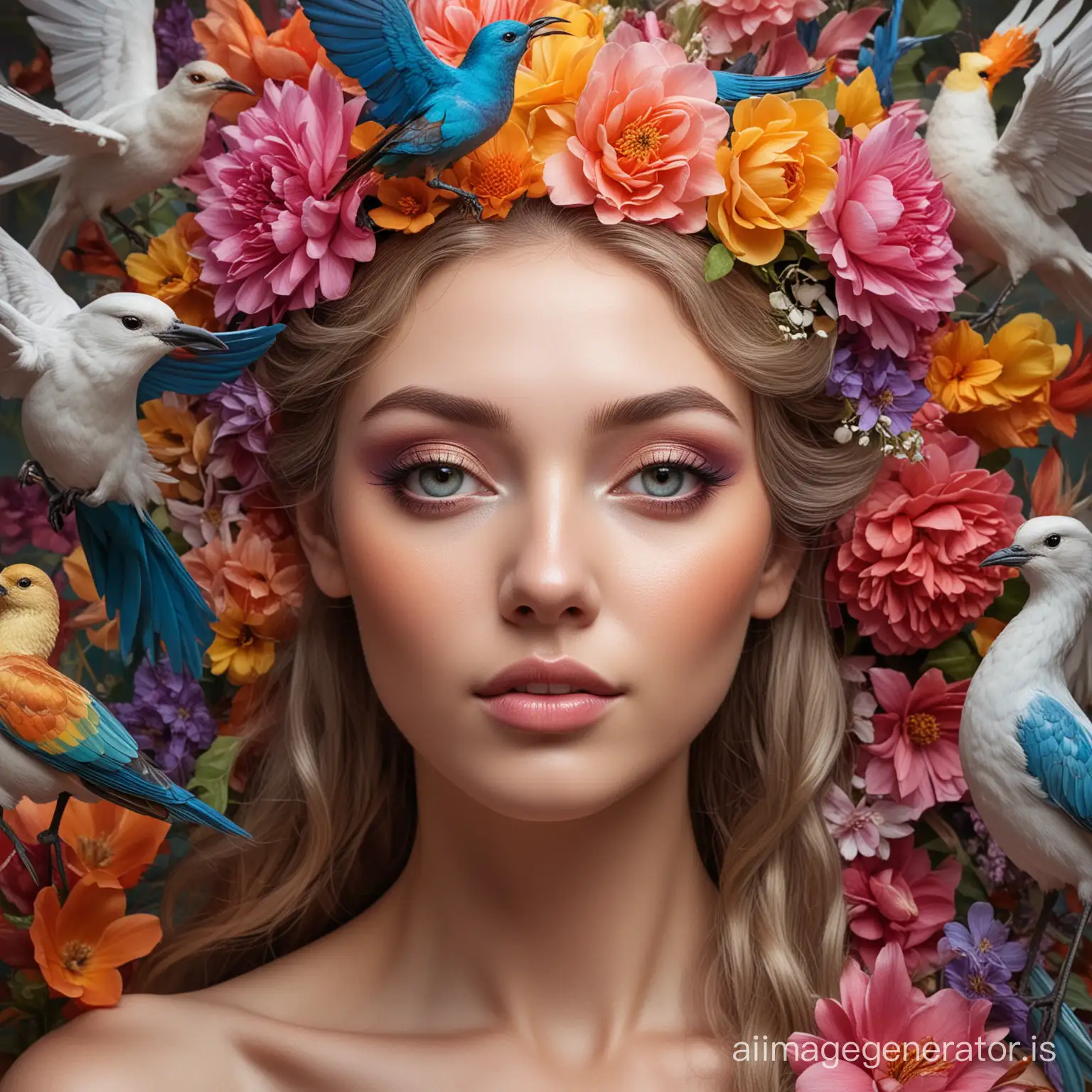 a closeup portrait of a goddess like women who looks like a flower nymph and has different huge colourful flowers and birds around her



