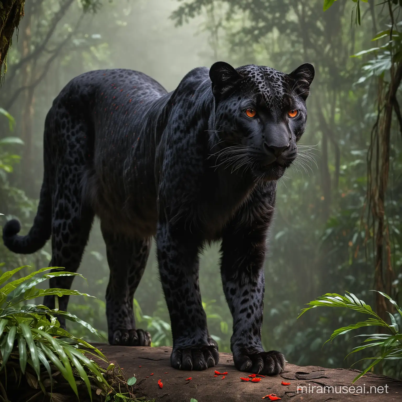 Black leopard with red eyes, full body, background rainforest
