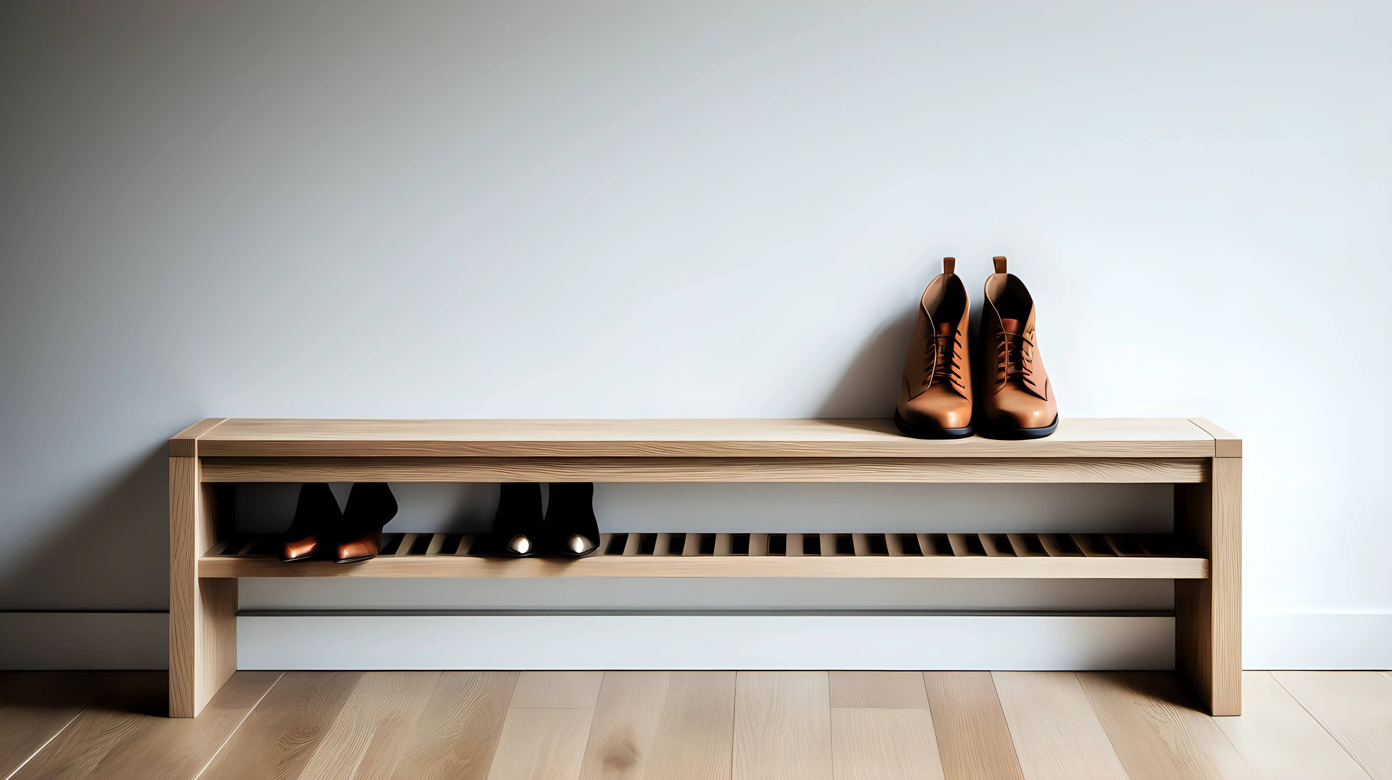 design a oak sitting bench for hall. High end carpentry. One shoe rack under the bench. Nordic minimalist design

