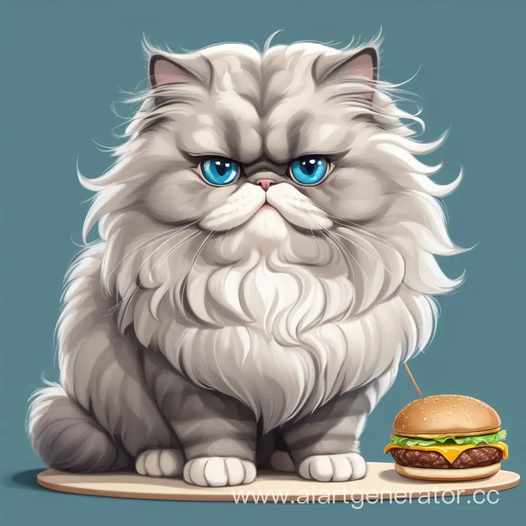 cartoony very cute fluffy persidian cat with big blue eyes and grey paws eated a burger and became fat