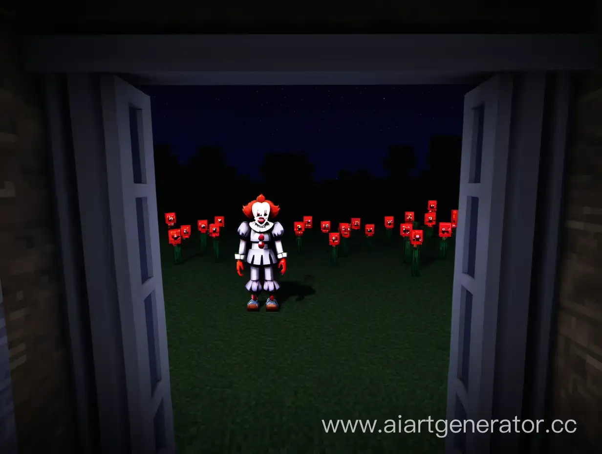 Pennywise surrounded by creepers in Minecraft near the house , view from the window at night