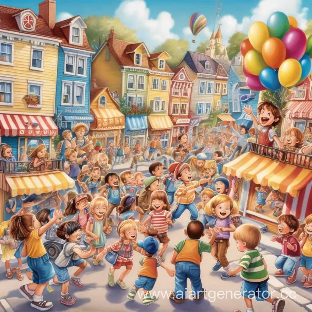 Description : "Once upon a time in a colorful town named Joyville, there lived a group of cheerful children who loved socializing with one another. Every year, they eagerly awaited a grand festival that brought laughter, joy, and togetherness to their community." Based on the above description make an image 
