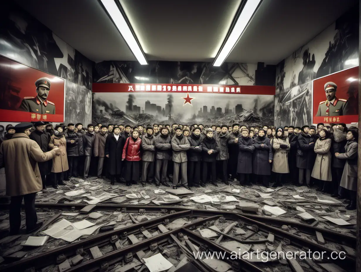 Сделать фотографию в стиле 90х
НАрисовать борьбу за власть, а позже становление коммунистической власти в метро, на станции "Площадь Революции" показать разруху, то как люди сражаются 
