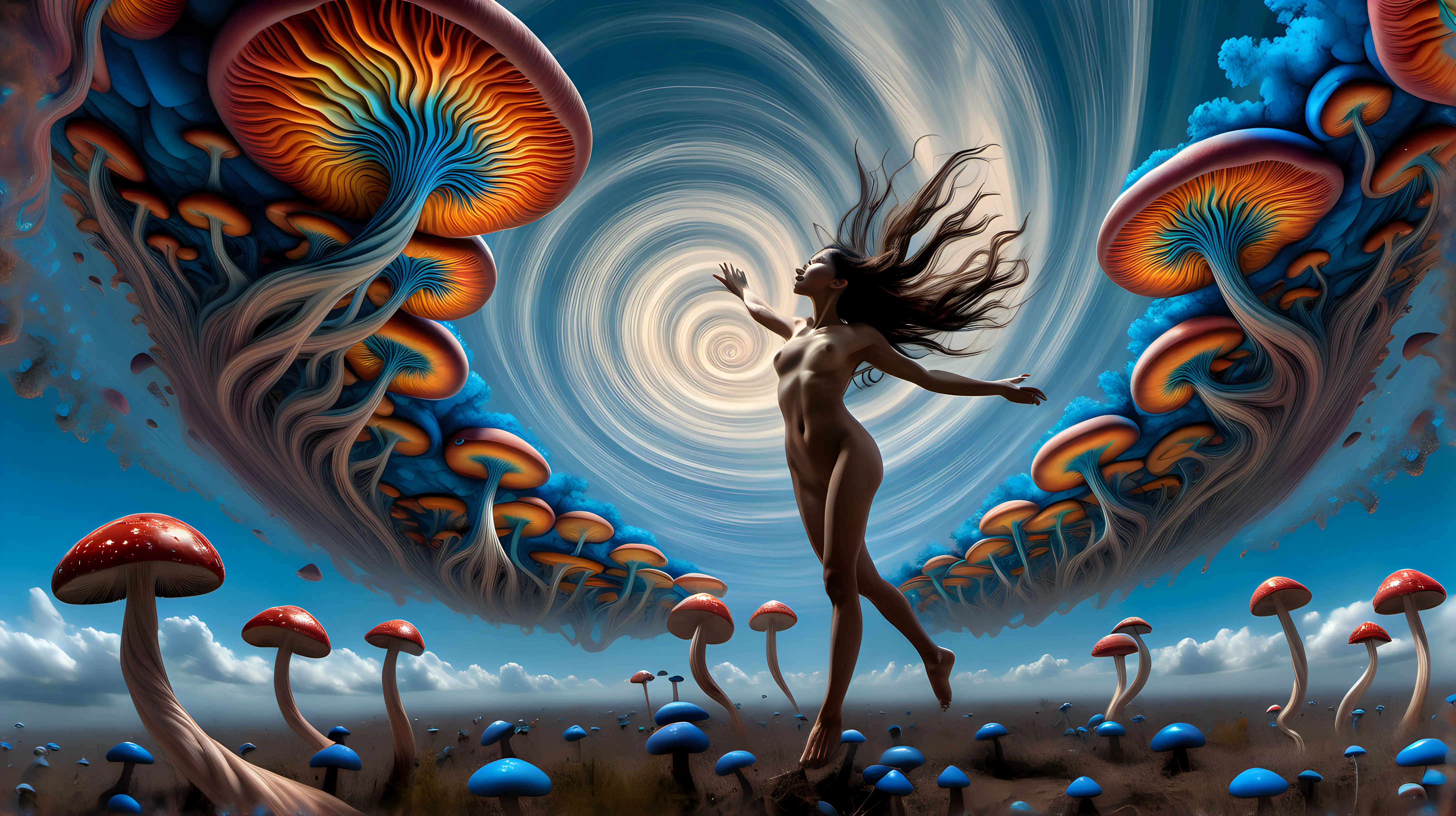 Psychedelic fractal sky with swirling fluid , multicolored blue fractal mushrooms extending from the ground up to the sky on right and left, nude latina skinned female figure floating in mid air facing towards the sky with arms extended, hyper realistic, moody and euphoric