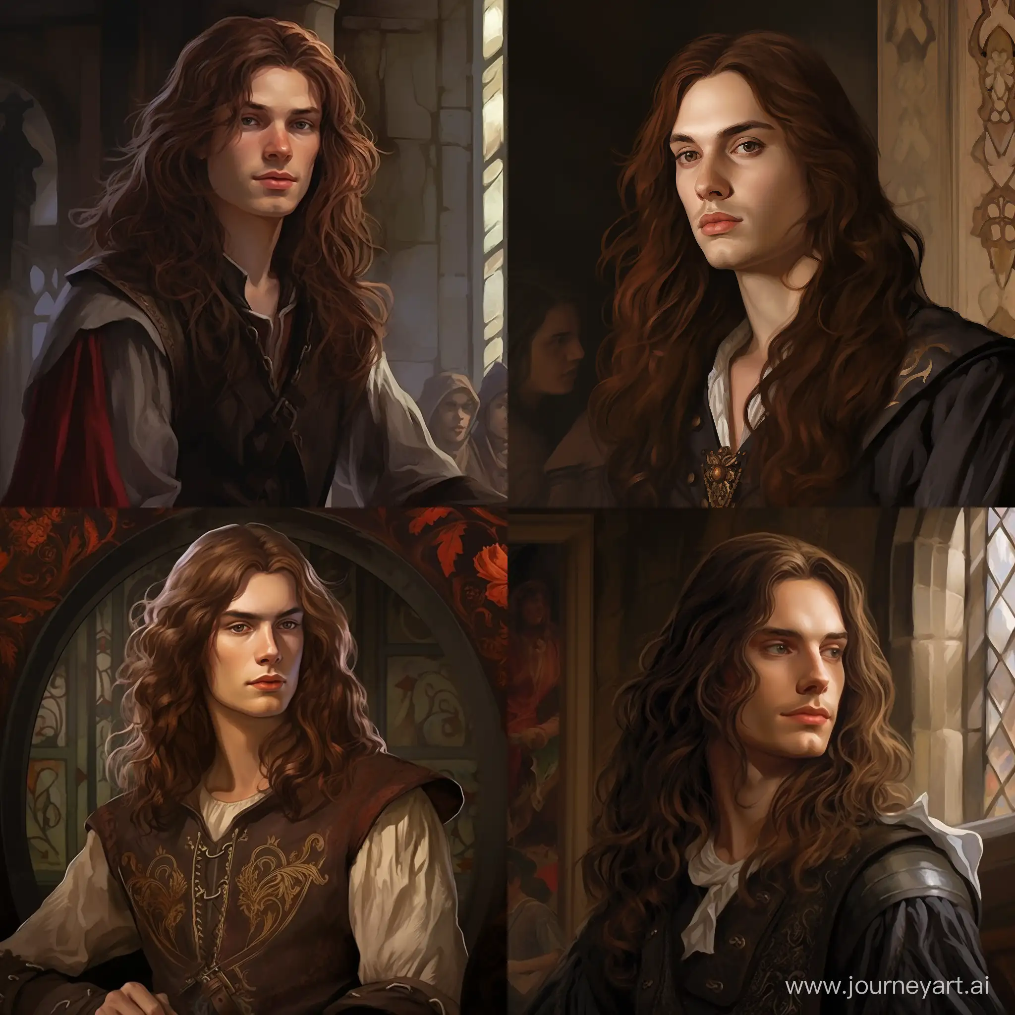Generate an image of a 22-year-old governor's son with long brown hair, clean-shaven, a face adorned with subtle wrinkles indicating life experiences. Around his neck, there hangs a crystal emitting a gentle glow from within. Capture the essence of his confident demeanor and captivating charm that draws attention in any setting,
medieval city, fantasy,realistic,digital art, 4k, fantasy