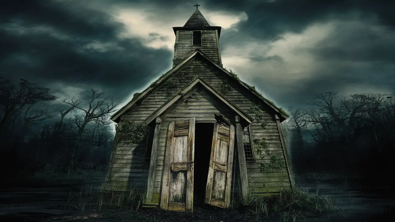 Eerie Abandoned Church in Dark Swamp at Night