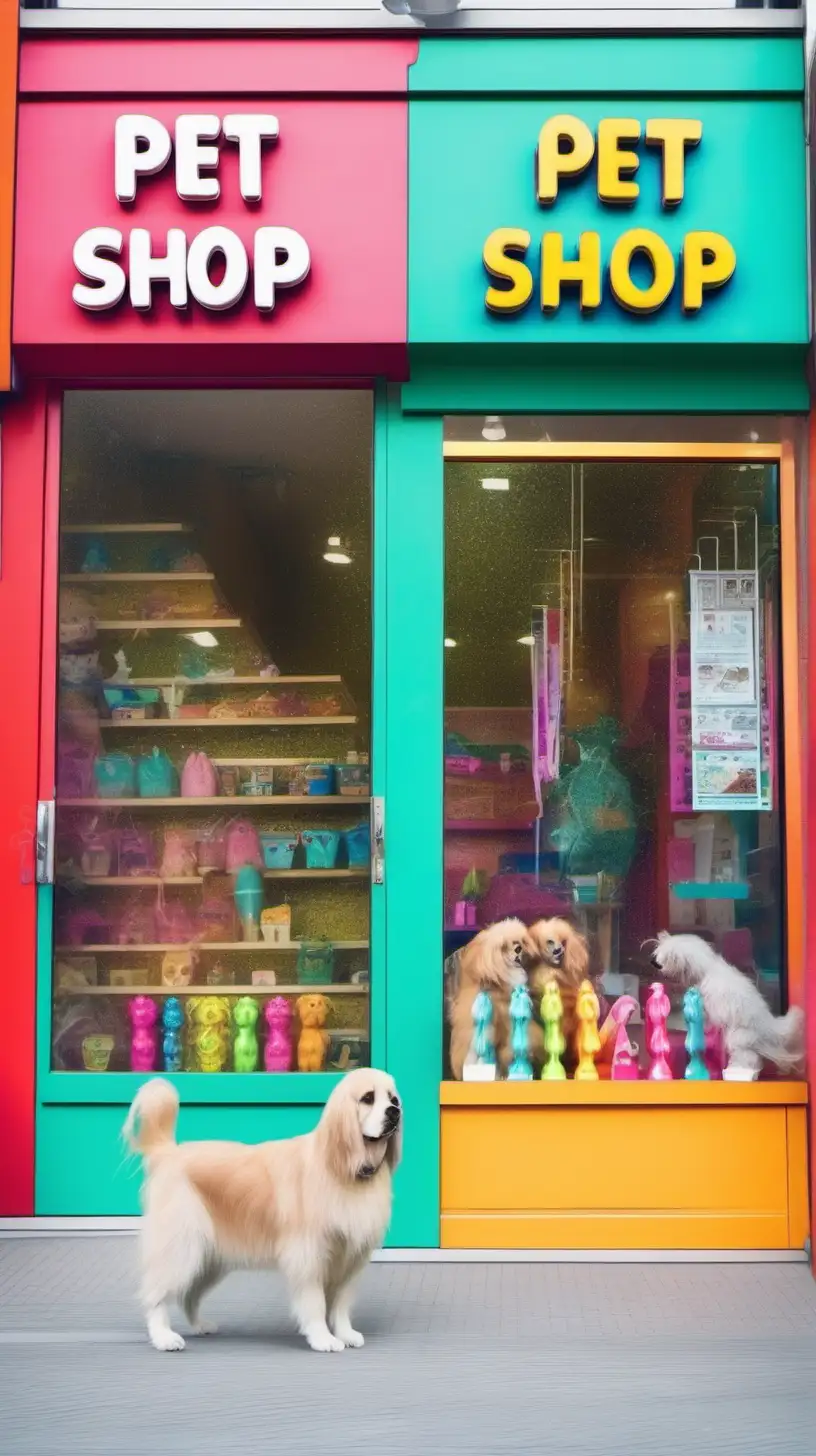 beautiful front of a pet shop, bright colors