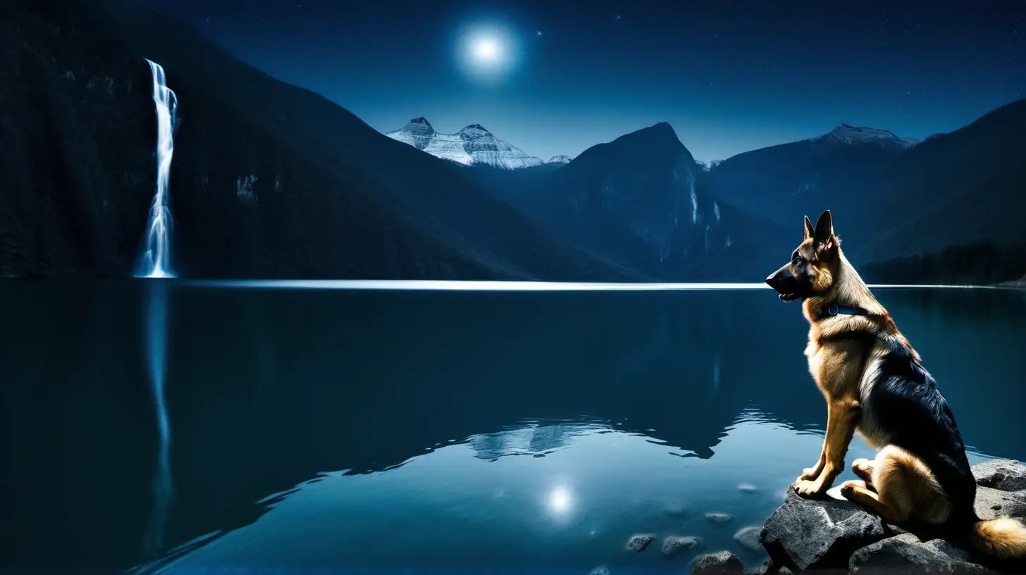German shepherd sitting in moonlight, dark blue sky.  Blue lake, mountains, and a waterfall