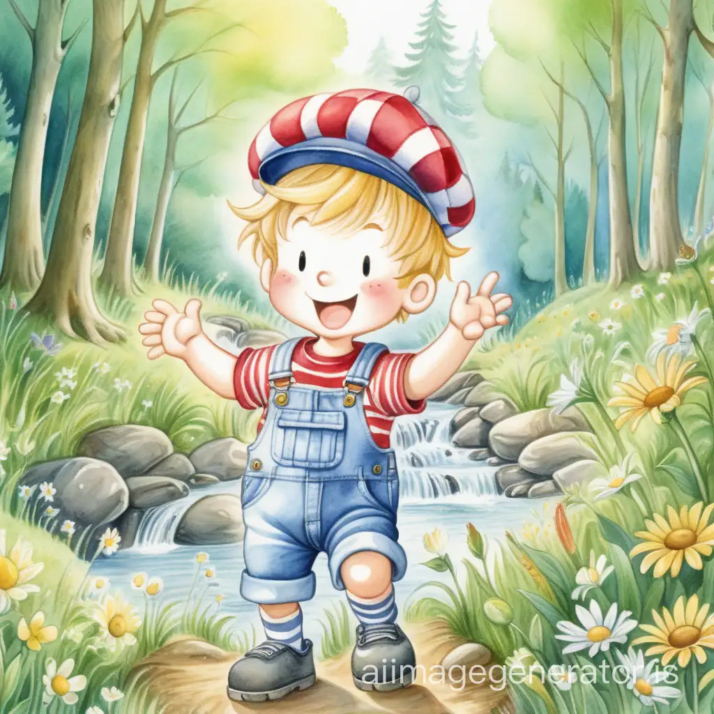画一张水彩画风格卡通男孩，头发为金黄色，穿着条纹背带裤，戴着格子贝雷帽，正在森林里开心的笑，背景为茂密的森林还有小溪，开满鲜花的草地，并给出对应的GEN ID