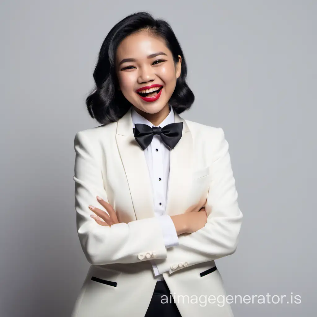 cute and sophisticated and confident malaysian woman with shoulder length hair and lipstick wearing an ivory tuxedo with a white shirt and a black bow tie, crossing her arms, laughing