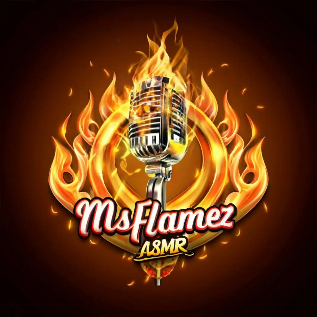 logo, microphone, realistic fire, soundwaves realistic flames, fire color is yellow, red, orange, 3d, rose pink text, white background,sexy, candles, with the text "MsFlamez ASMR", typography, be used in Entertainment industry