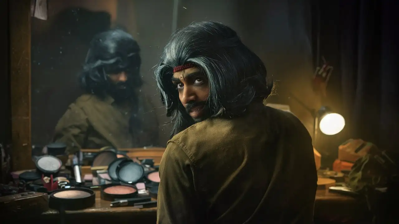 Covert Indian Thief Preparing Disguise in Dimly Lit Room