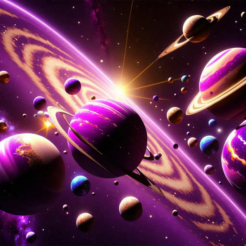 3D Cosmic Abundance Codes Purple Pink Peach and Gold Planets in Surreal Space