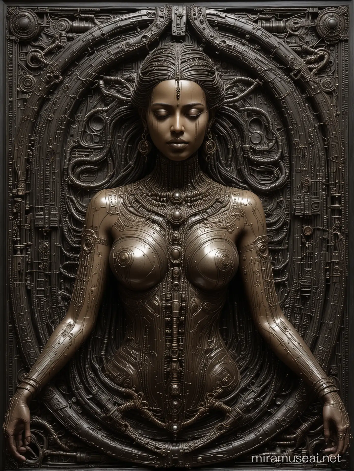 hr giger style "Mangala Tanjore Paintings" with metallic skin and electric circuits under the skin