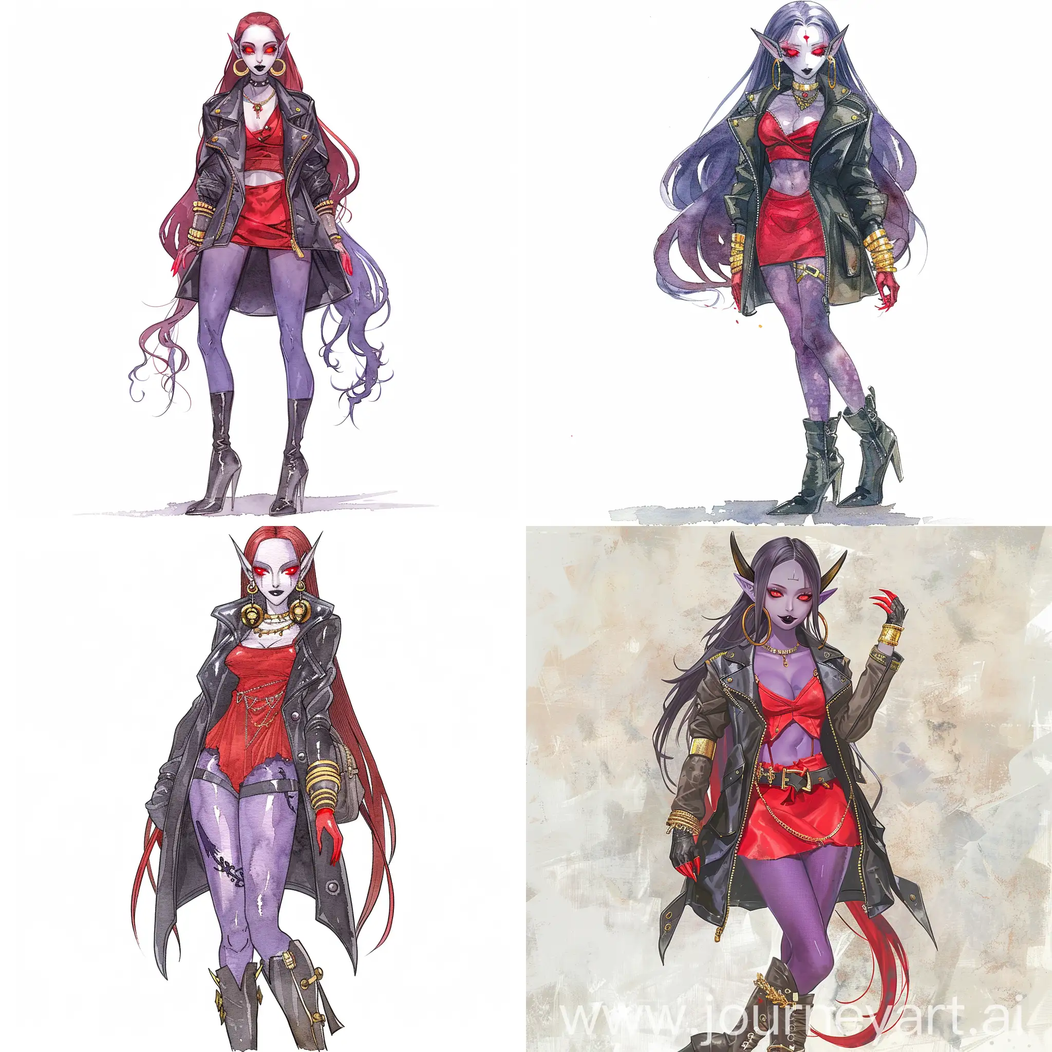 An anime tall anime demon woman with a black sclera, red glowing pupils, lavender purple skin, long auburn hair, black lipstick, long red nails wearing golden hoop earrings, golden bracelets, a red dress under a dark gray leather jacket, and long dark gray high heel boots, anime, watercolor,anime