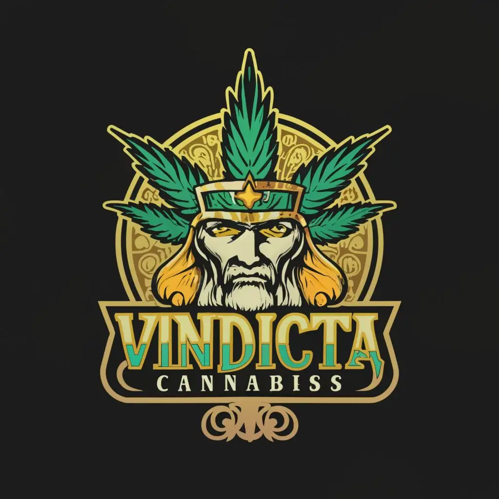 logo, Nemesis Greek god, cannabis leaf., with the text "Vindicta Cannabis", typography use a black bacground replace the gold with purple