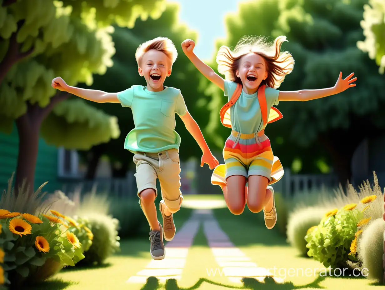 a photorealistic bright high detail full body frontal photo of joyful happy jumping Caucasian boy and girl 6-12 years old in summer clothes of bright colors, summer, sunlight from front and above, green background, full height frontal symmetrical photo, stock photo, sharp focus, 4K, best quality, extremely detailed, detailed clothing, highly detailed,   sharp focus,  centered image composition, 8K