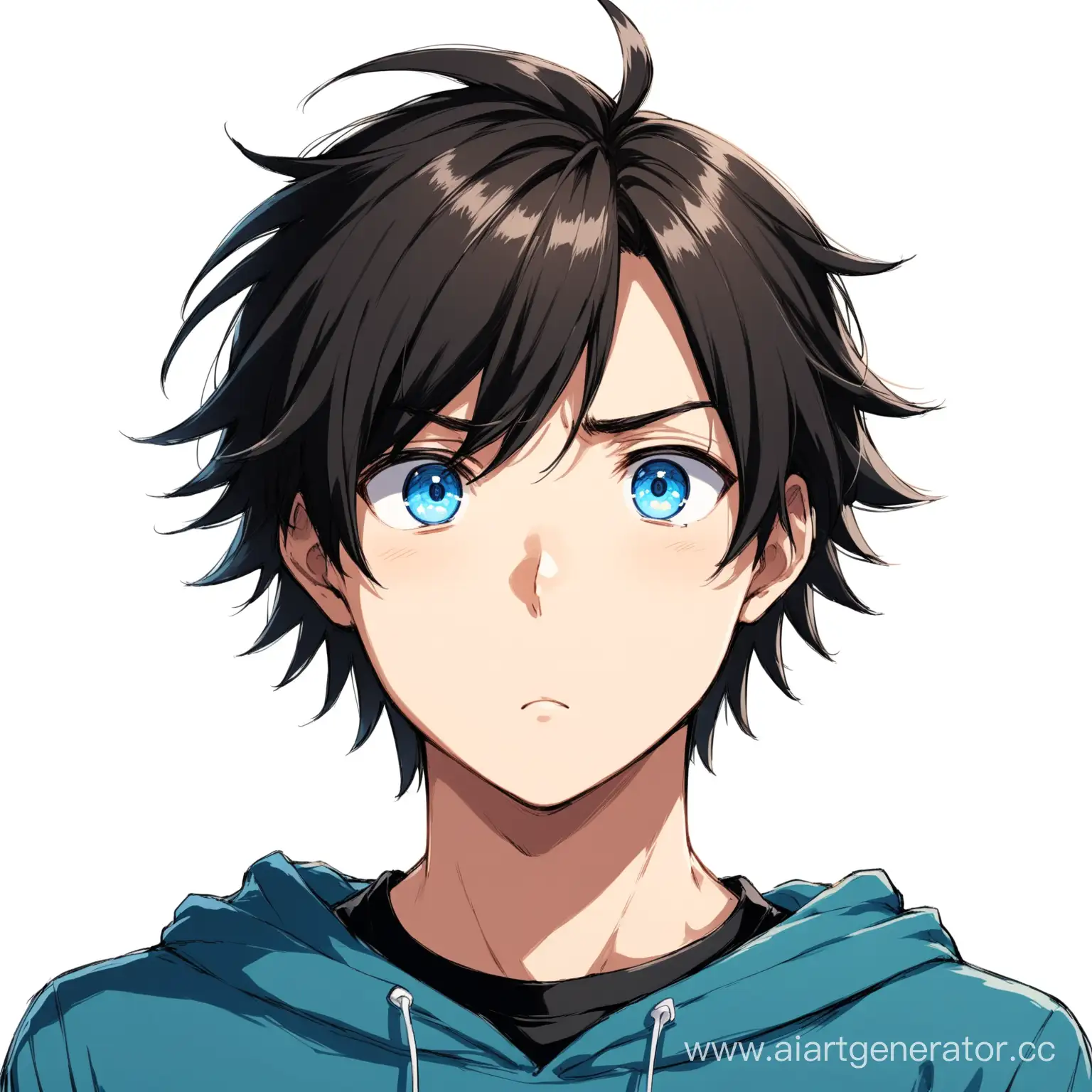 Аниме персонаж, парень с темными взъерошенными волосами и голубыми глазами, в черной футболке и в синем худи, приятно удивленное лица даже слегка смущенное, изолированный объект,  чтобы его было видно полностью и на белом фоне.