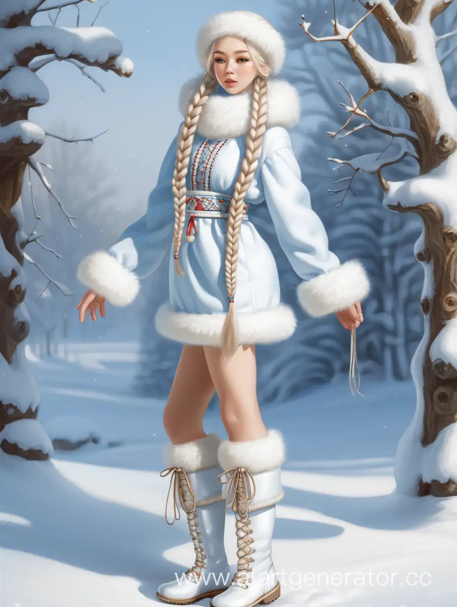 Снегурочка с голыми коленями и косичками в белых сапожках, полный рост