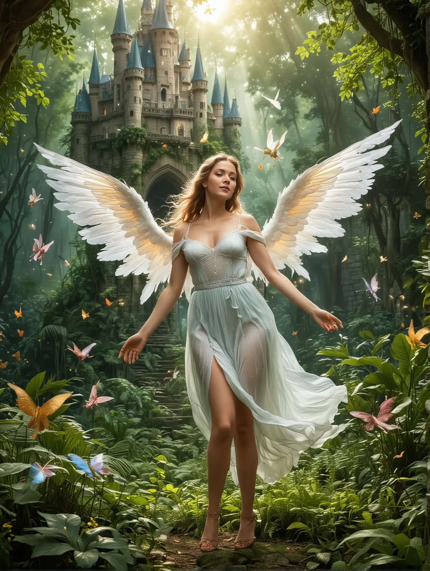 pretty angel parying with beautiful fairies flying around in jungle near castle