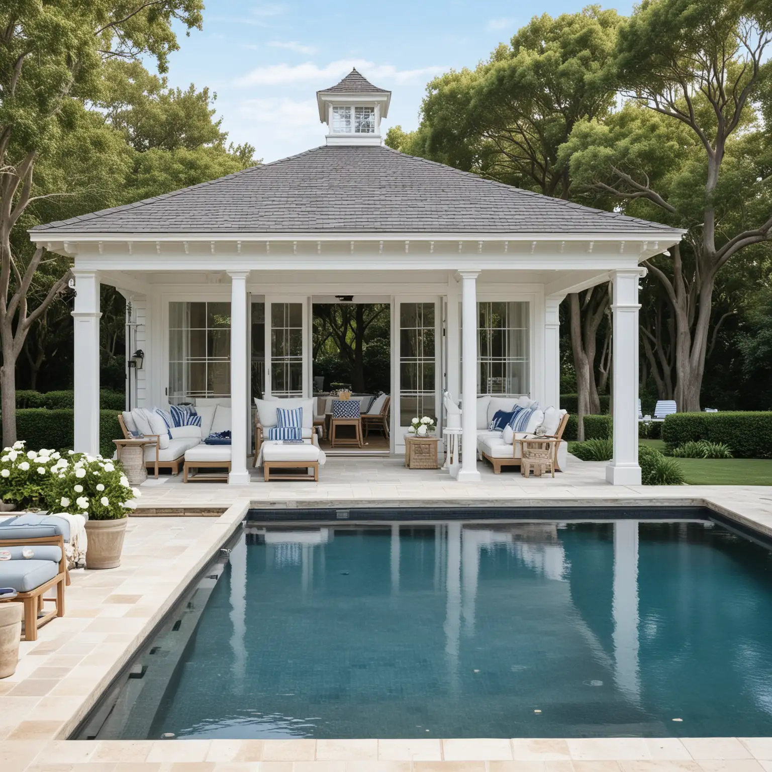 Coastal style pool house with blue and white decor opening to the backyard of a hamptons style pool/exterior