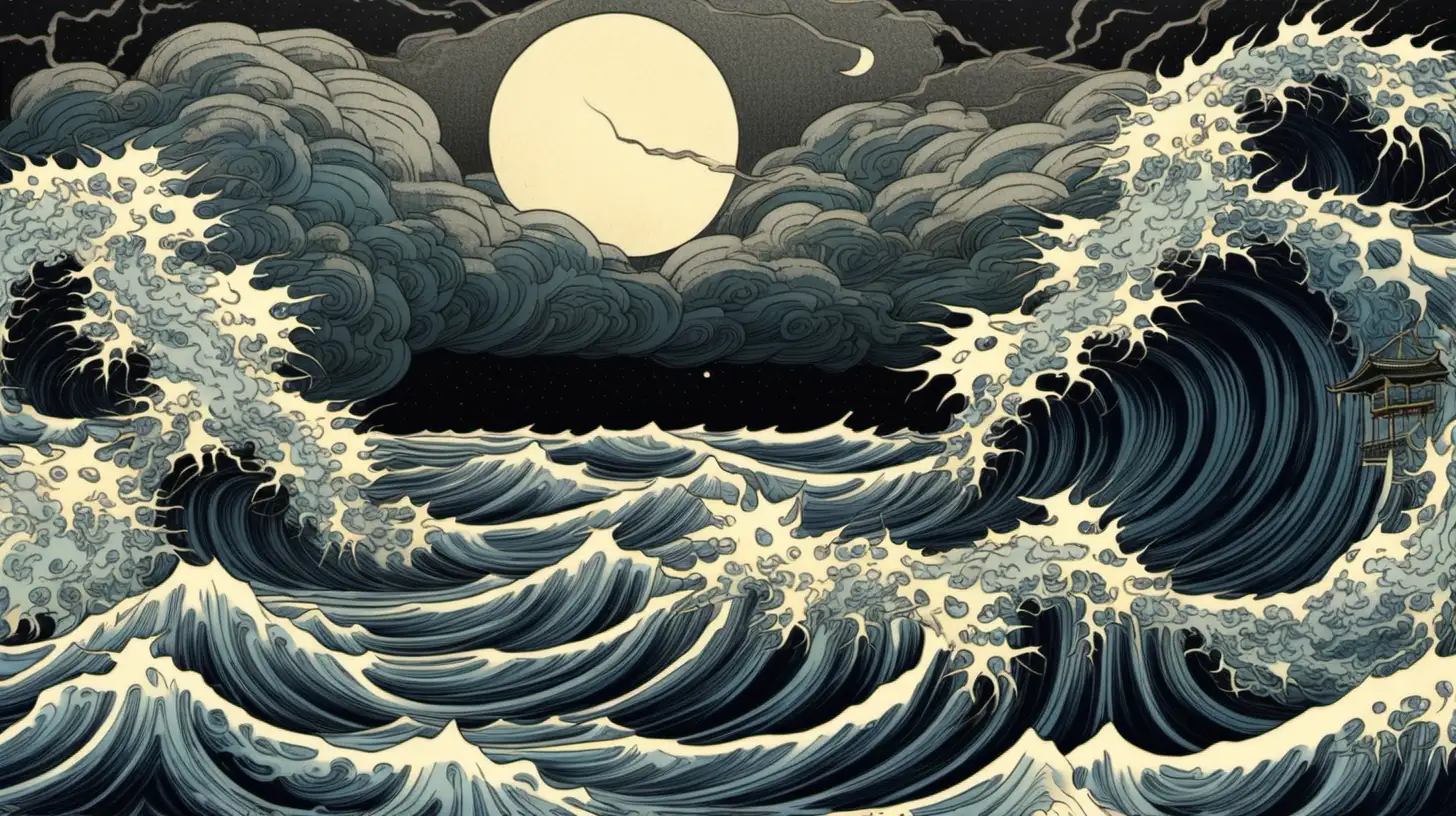 Stormy Ocean Ukiyoe Art with Moon and Lightning